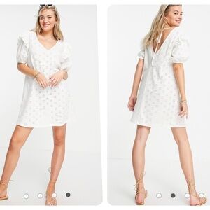 ASOS DESIGN Broderie V Neck Mini Dress White Short Sleeves Shoulder Frill Size 8